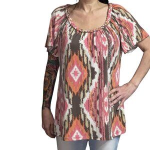 Sz.XL*Style & Co.*Brown/Peach Patterned Blouse--Braided Neckline